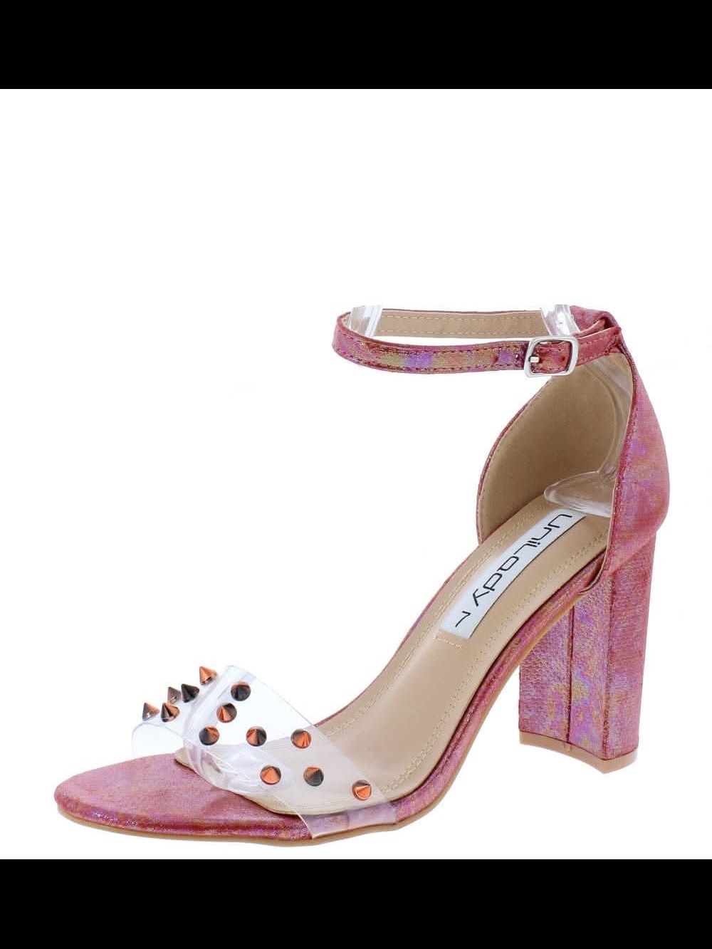 Unilady  Pink Iridescent Studded Ankle-Strap Block Heel